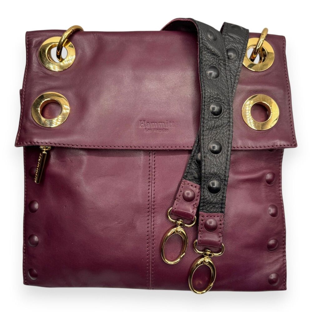 Hammitt Montana Large Reversible Leather Crossbody Black Burgundy Purple Gold